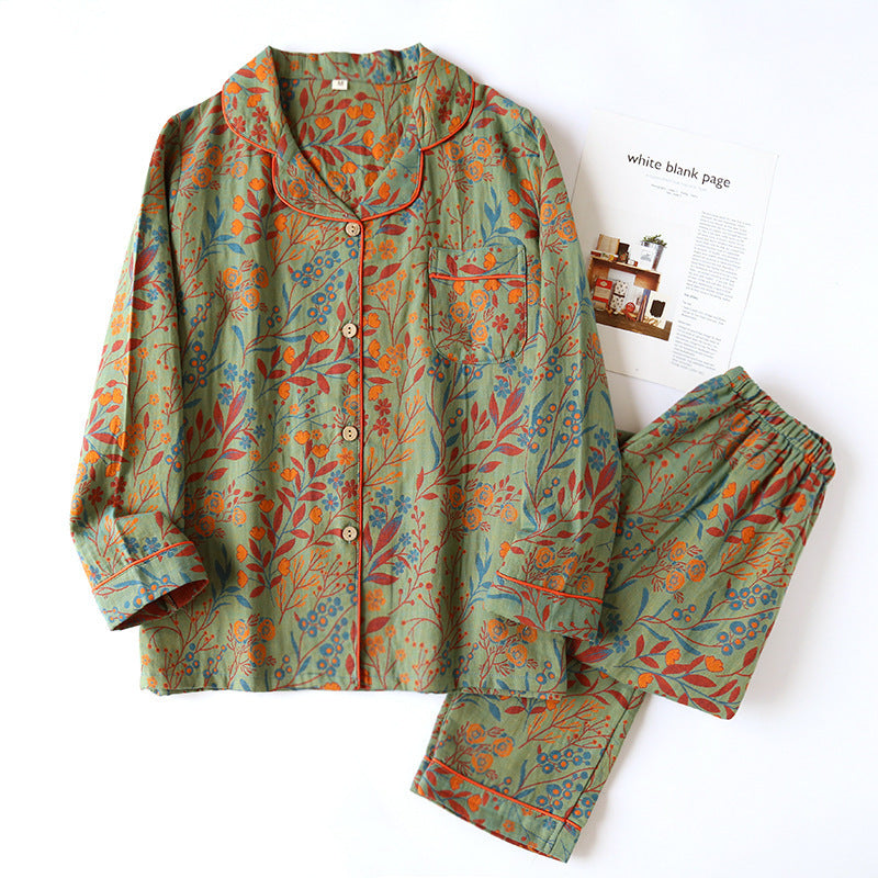 Cotton Yarn-dyed Jacquard Vintage Leaf Pajamas Suit Women