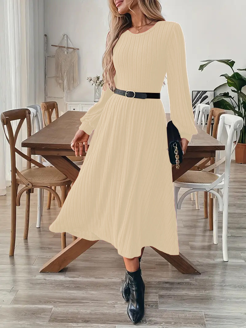 Elegant Maroon Ribbed Midi Dress For Women With Lantern Sleeves