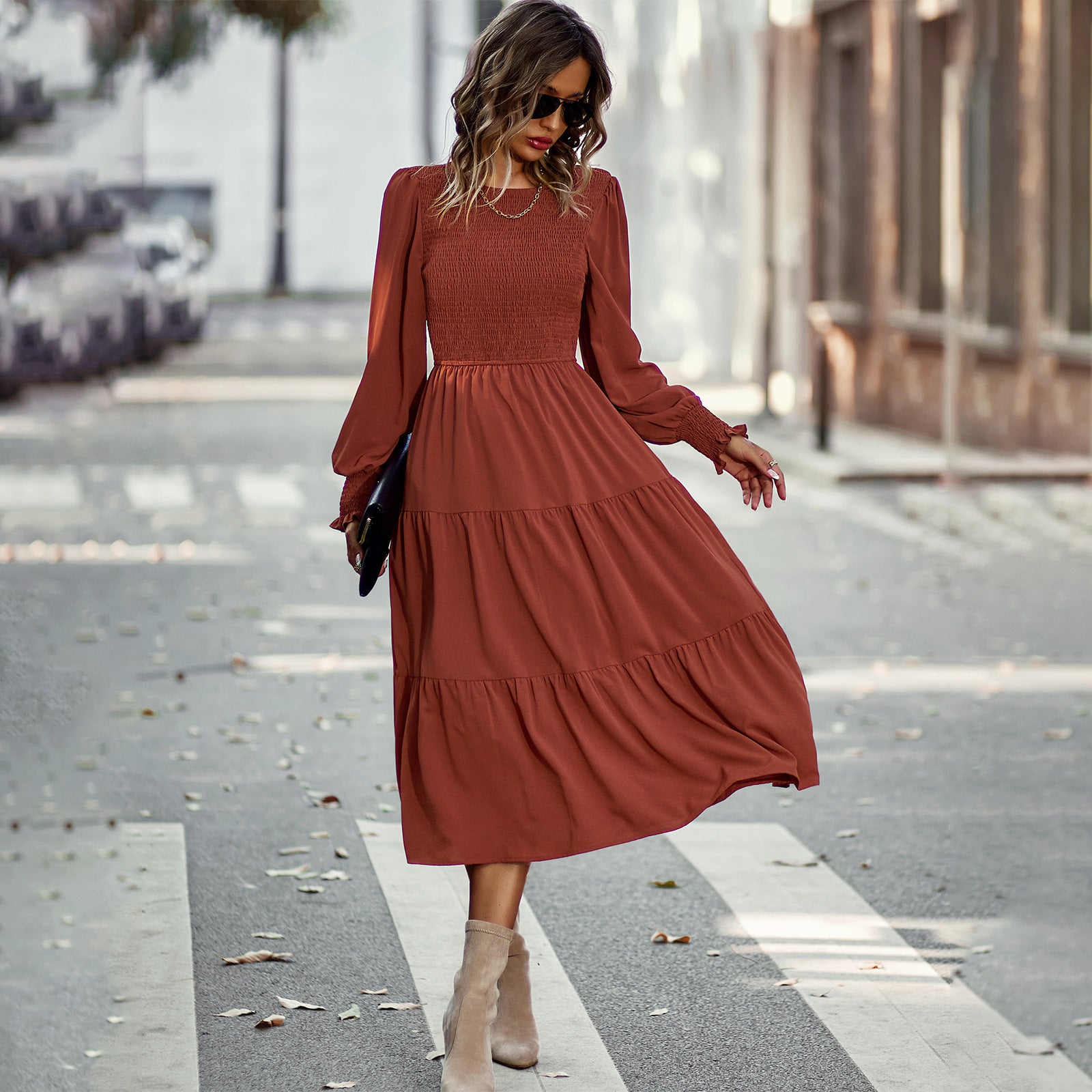 Leisure Vacation Cinched Mid-length Dress Spring And Autumn Women's Clothing