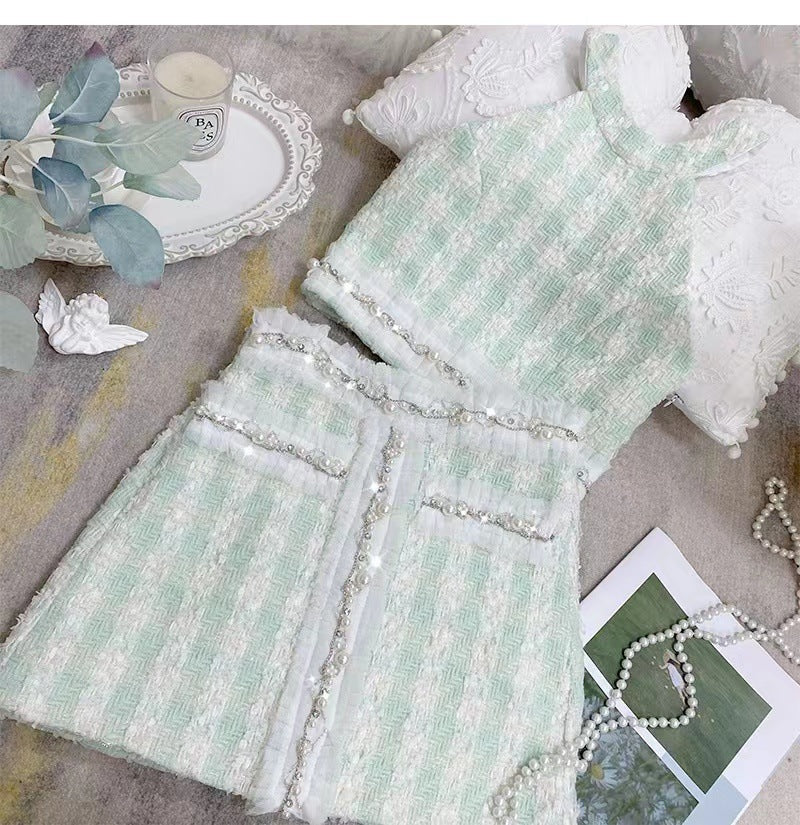 Diamond Plaid Suspender Vest Set