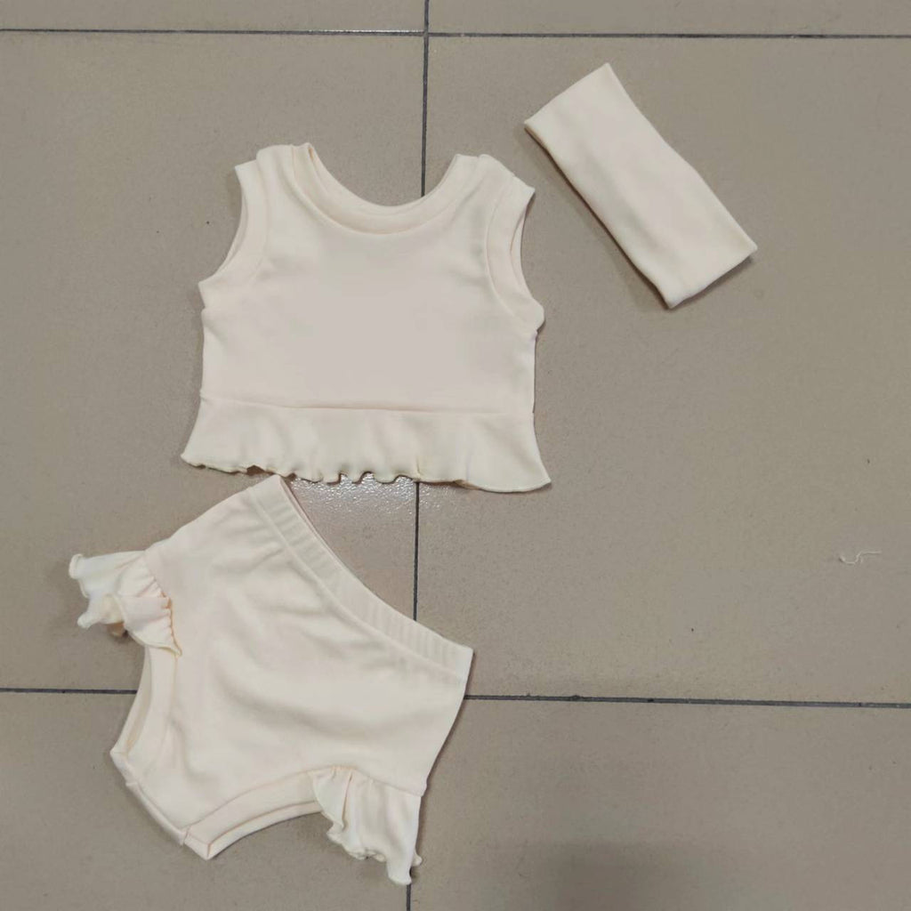 Infant Simple Summer Top And Bottom Headscarf Three-piece Set