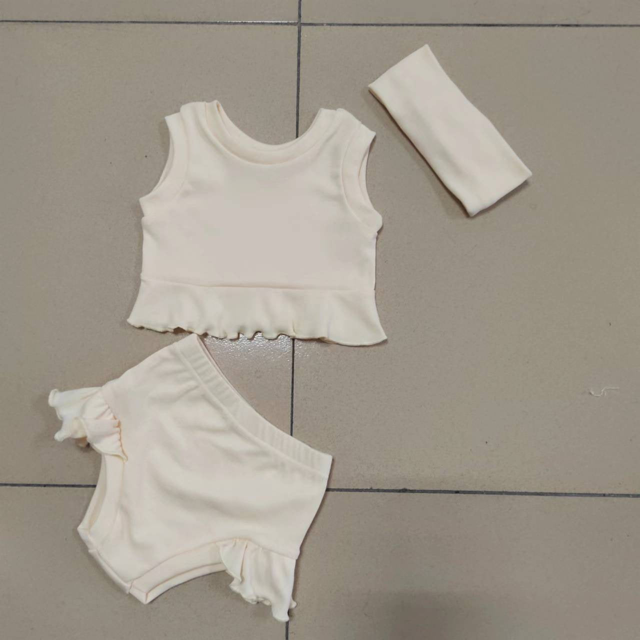 Infant Simple Summer Top And Bottom Headscarf Three-piece Set