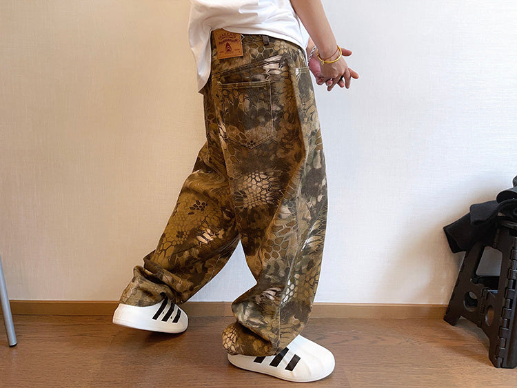 Spring Retro Canvas Snake Pattern Camouflage Heavy Washed Ruan Handsome Loose Casual Pants