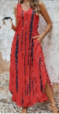 Women's Tie Dye Tank Max Dress Sleeveless V Neck Asymmetrical Split Hem Dresses With Pocket Vacation Dress