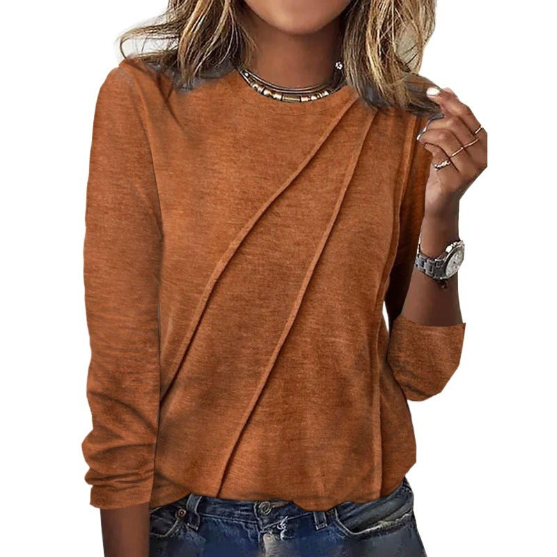 Solid Color Long Sleeve Pullover T-shirt Round Neck Top Women's Clothing
