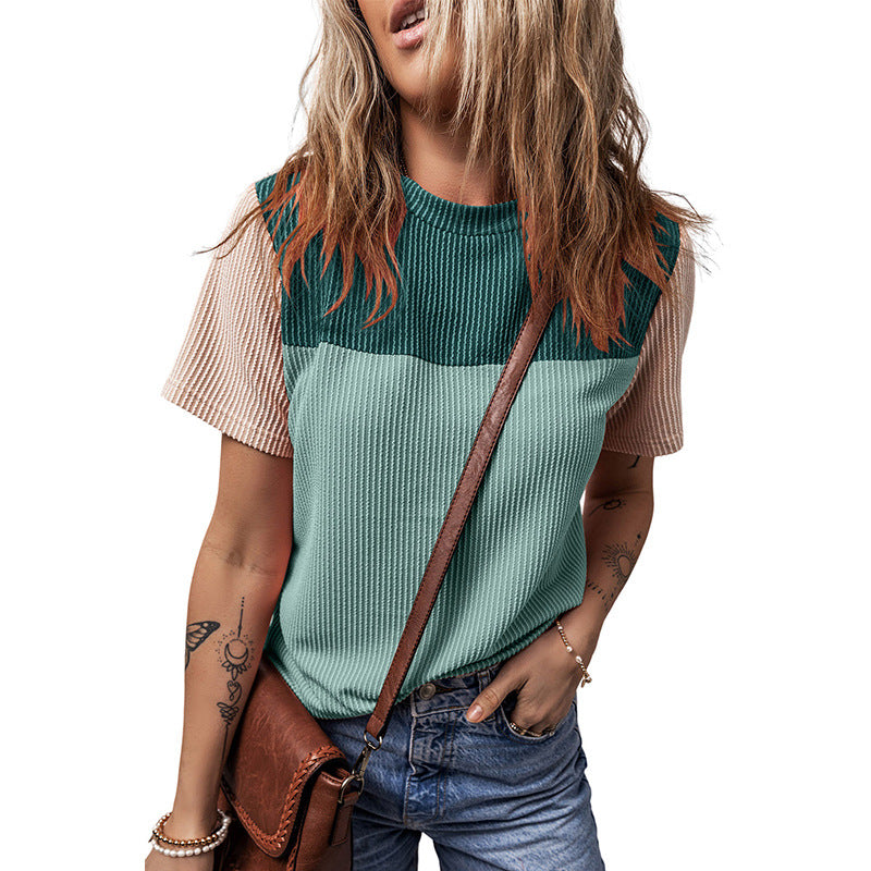 Color Matching Rib Short-sleeved T-shirt Round Neck Three-quarter Sleeve Top