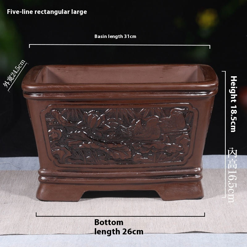 Banyan Flower Pot Purple Sand Relief Pachira Macrocarpa Welcome Pine Happiness Tree Ganoderma Old Pile Extra Large Ceramic Landscape Basin