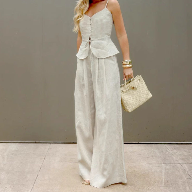 Fashion Suspenders Vest High Waist Wide Leg Pants Two-piece Set