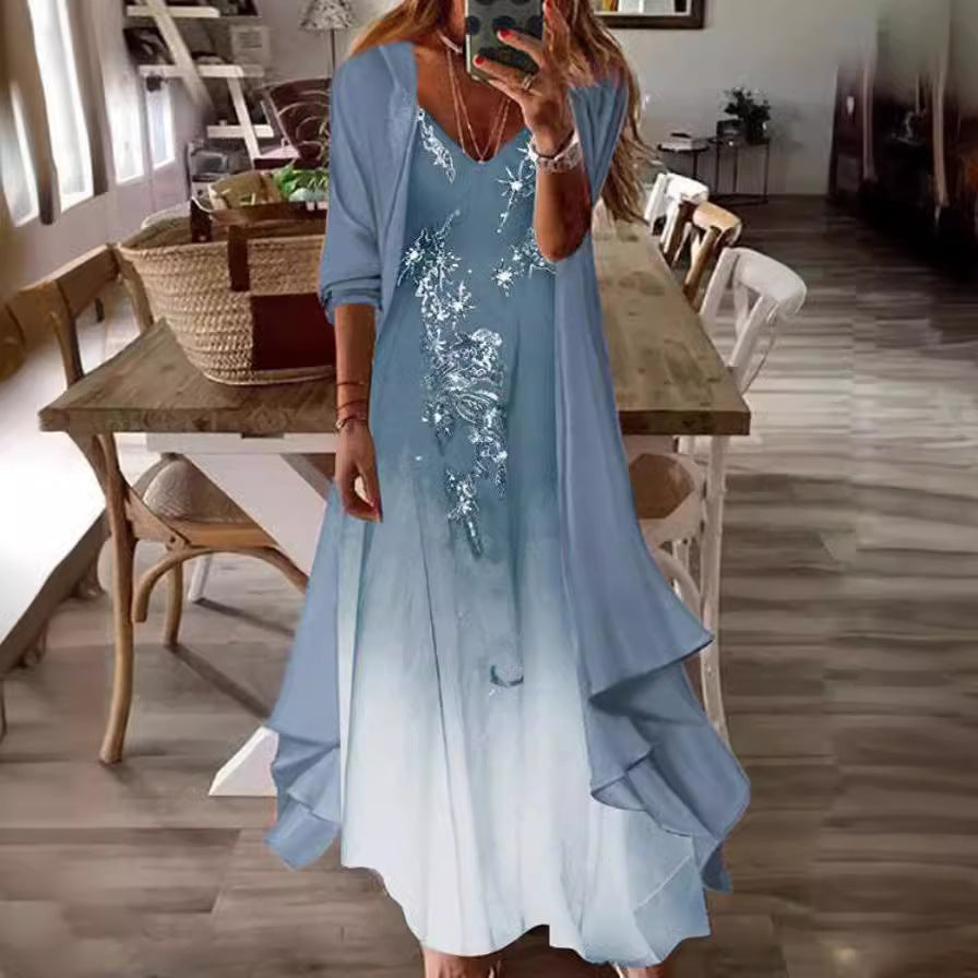 Two Piece Set Of Half Sleeved Printed Casual Retro Sexy Dress