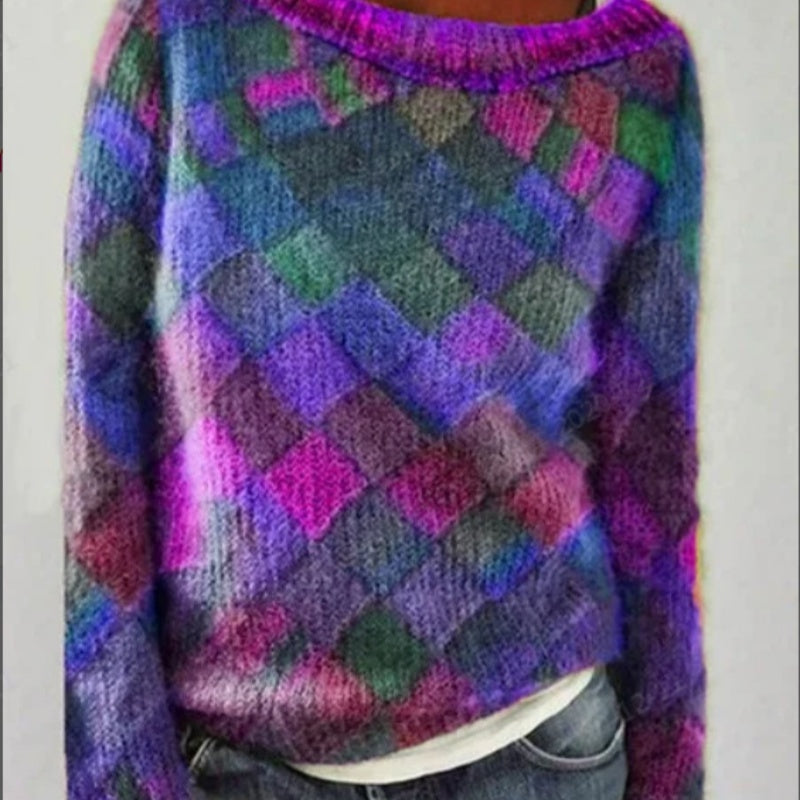 Printed Long Sleeve Collar Sweater Women's Polyester Multi-color Retro