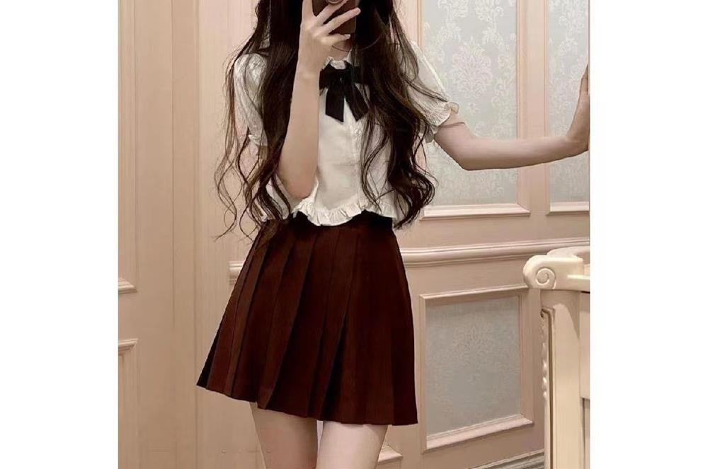 Women's Summer College Style Puff Sleeve White Short Sleeve Shirt