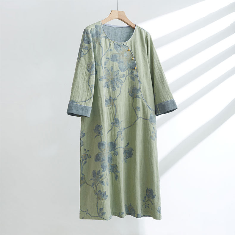 Women's Cotton Ancient Chinese Style Diagonal Double-layer Gauze Jacquard Long-sleeved Home Nightdress