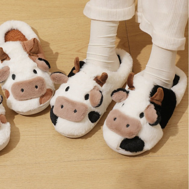Indoor Home Cartoon Cow Fur Cotton Slippers Female