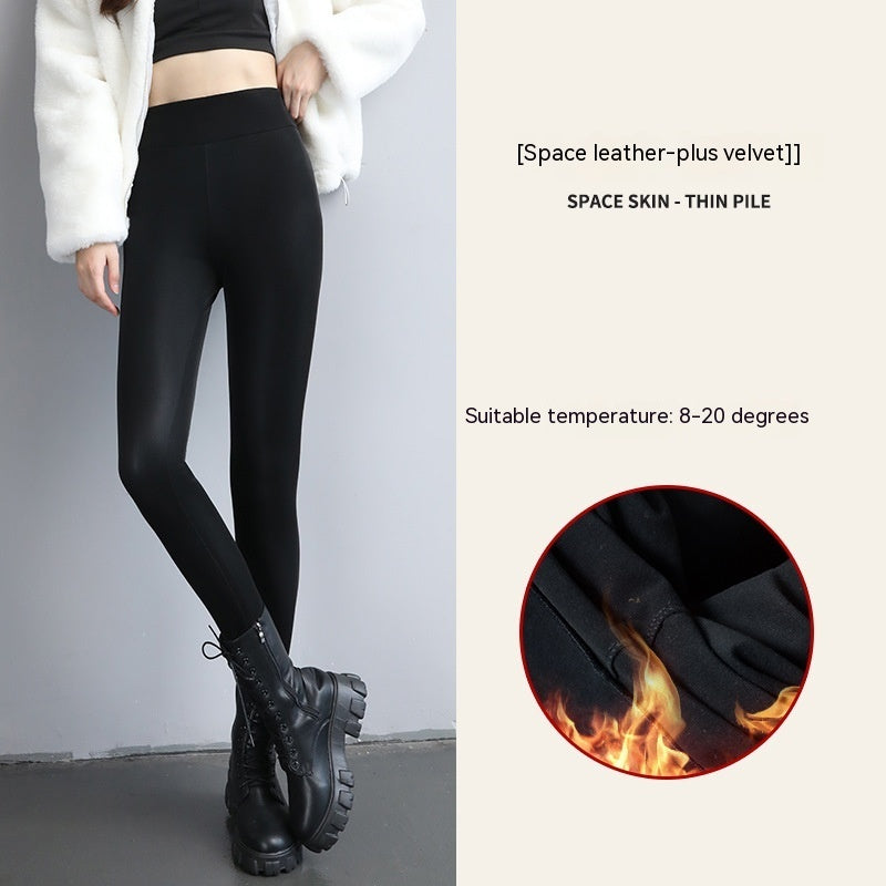PU Fleece-lined High Waist Slimming Windproof Waterproof Leggings