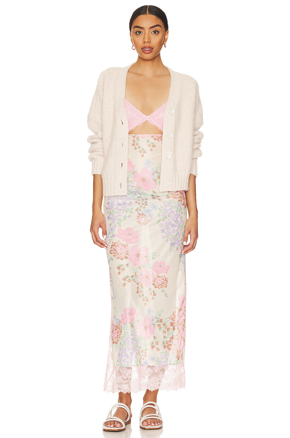 Gentle Lace Shoulder Strap Stitching Slit Length Dress