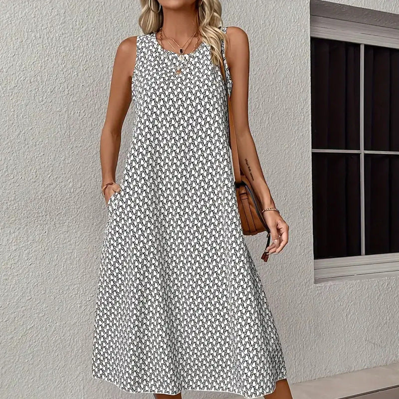 Women's Round Neck Sleeveless Printed Mid-length Dress