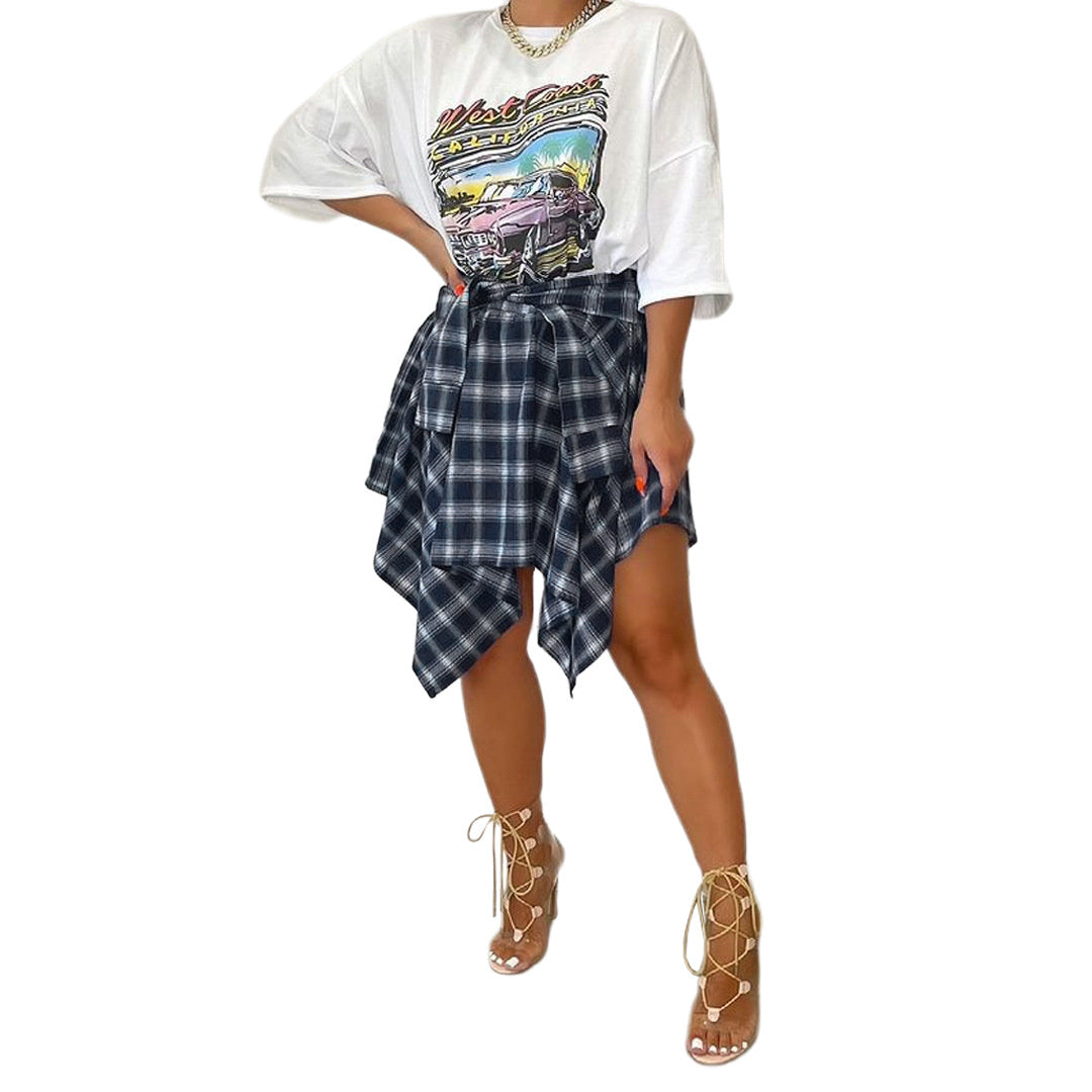 Women's Fashion Irregular Plaid Tied Sleeve Shirt Skirt