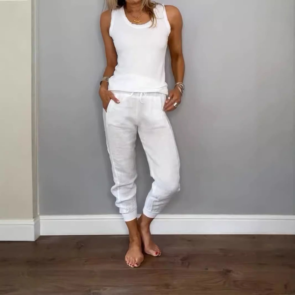Cotton Linen Vest Drawstring Casual Pants Suit