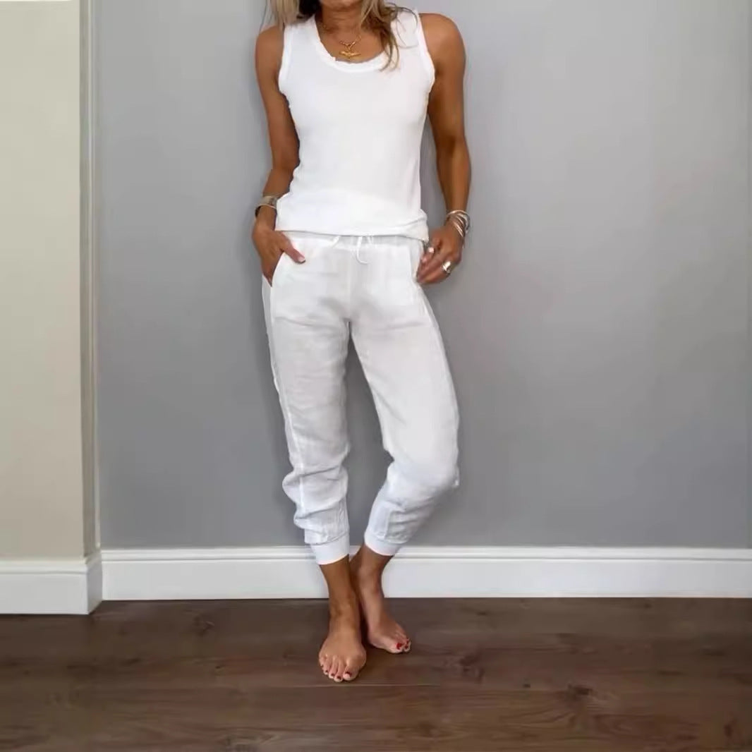 Cotton Linen Vest Drawstring Casual Pants Suit