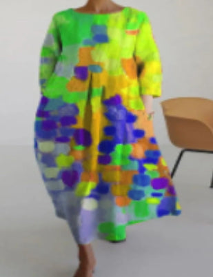 Women's 3D Cotton And Linen Half Sleeve Dress