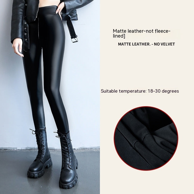 PU Fleece-lined High Waist Slimming Windproof Waterproof Leggings