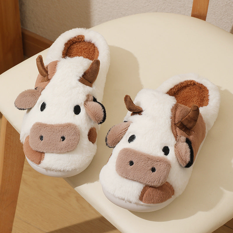Indoor Home Cartoon Cow Fur Cotton Slippers Female