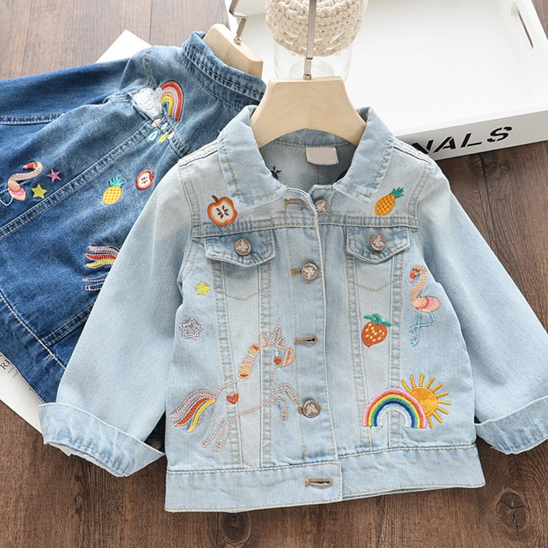 Children's Graffiti Embroidered Lapel Short Denim Jacket