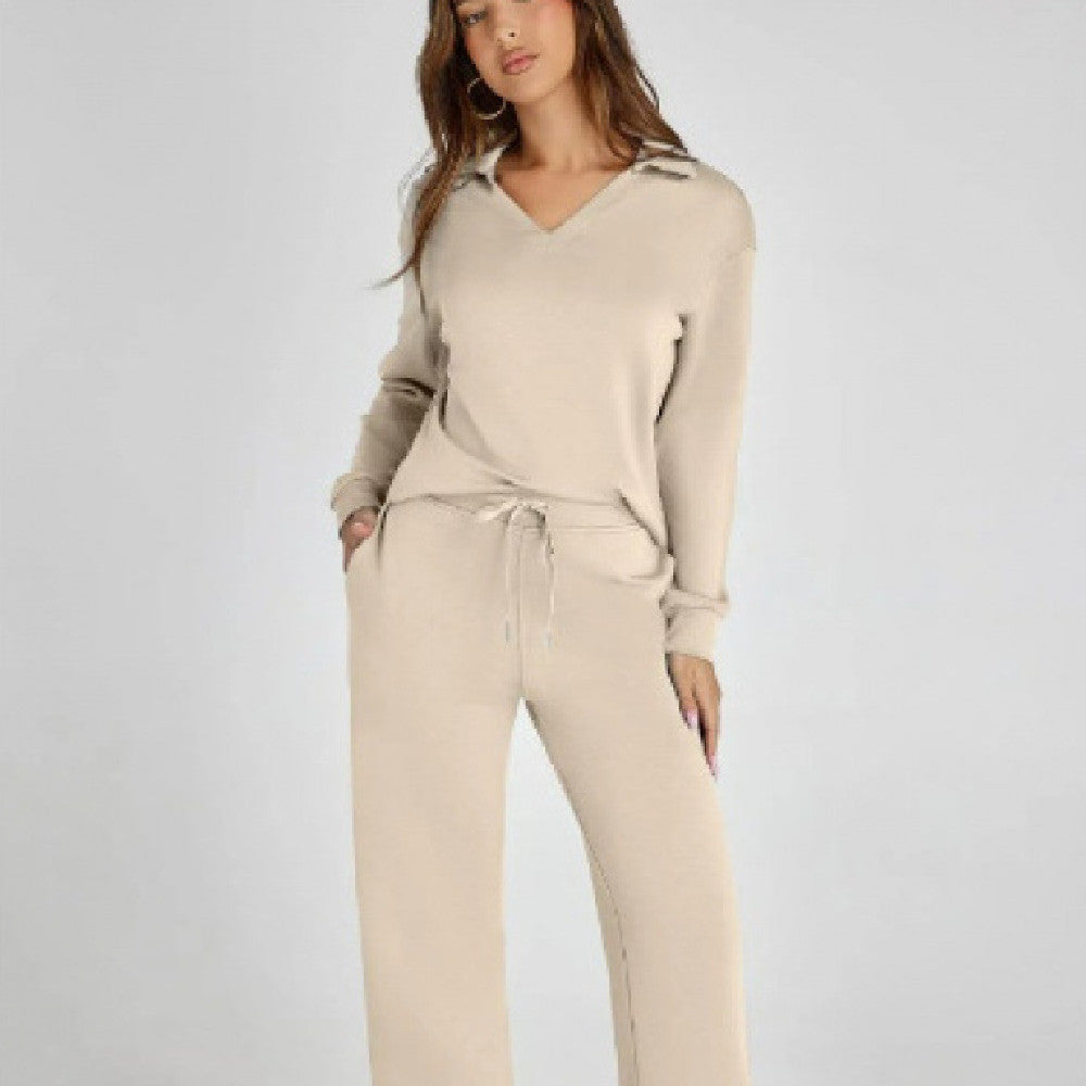 Women's Tracksuit Sports Suit V-neck Long-sleeved Pullover Top And Drawstring Straight-leg Trousers Casual Solid Trousers Set