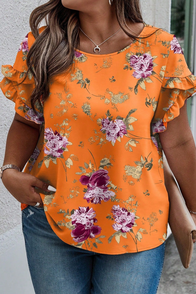 Round Neck Sleeve Stitching Pleating Printed Short Sleeve Casual