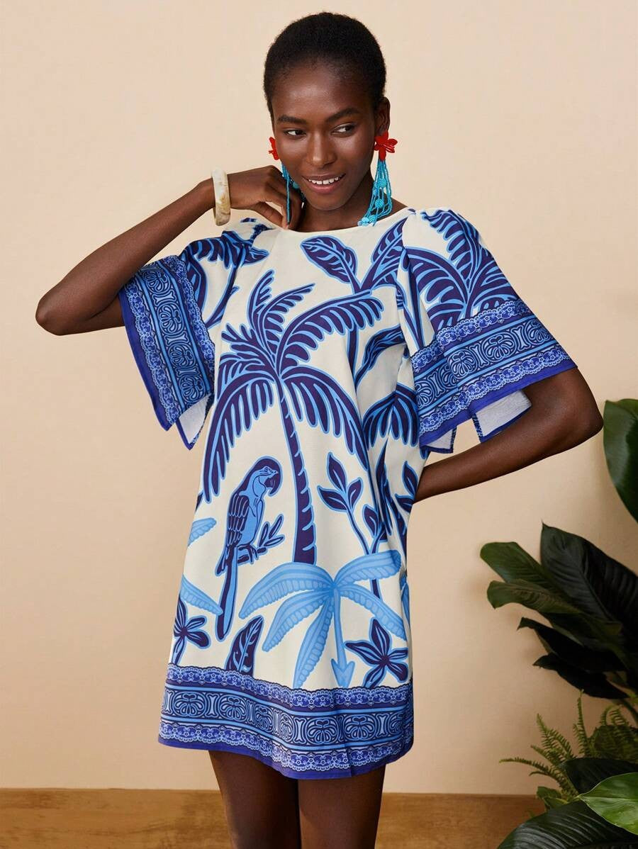 Fashion Retro Crew Neck Horn Printing Dress