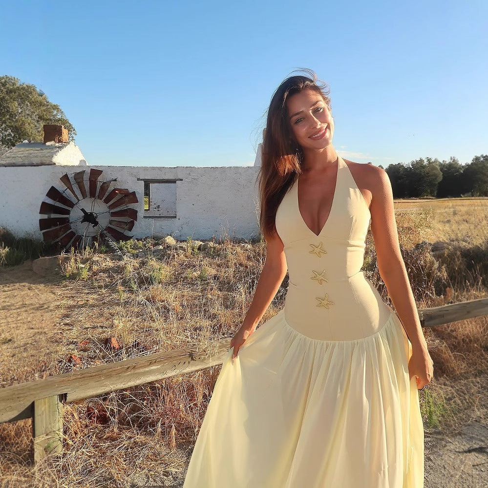 European And American Halter Lace-up Deep V Sexy Girdle Backless Dress