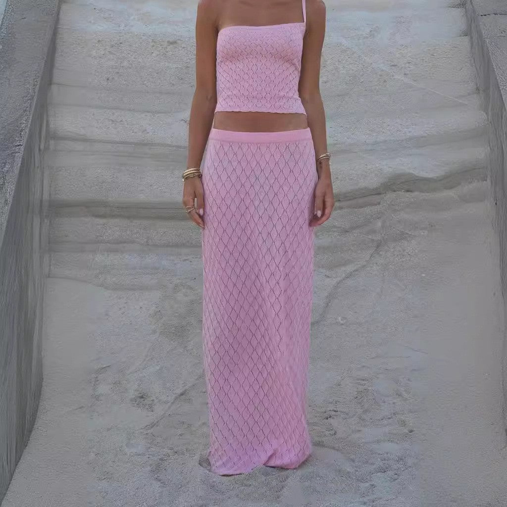 Women's Knitted Beach Short Show Belly Backless Camisole Long Skirt Two-piece Set