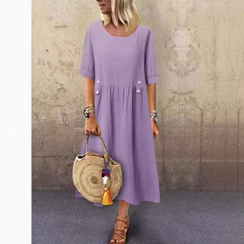 Plus Size Casual Round Neck Shirt With Half Sleeve Button Dress Women