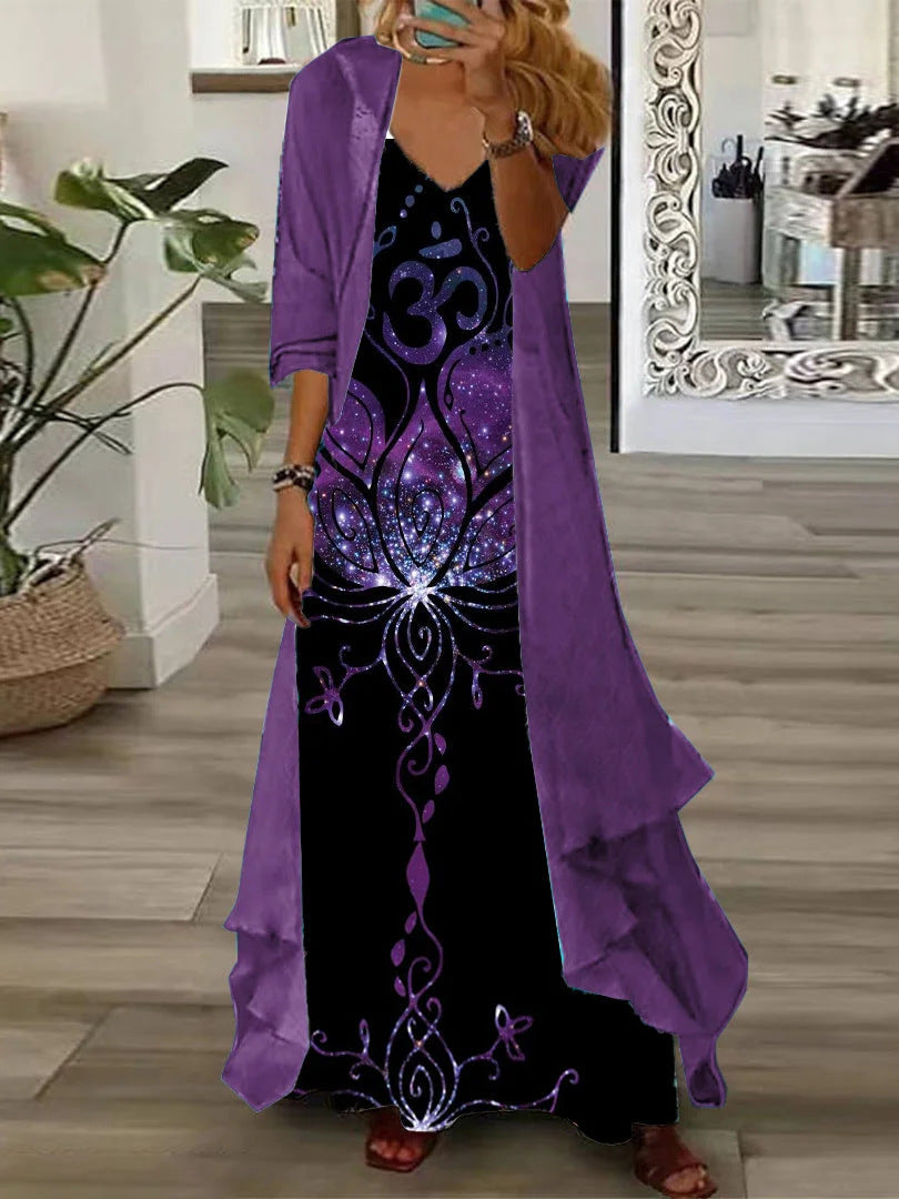 Two Piece Set Of Half Sleeved Printed Casual Retro Sexy Dress