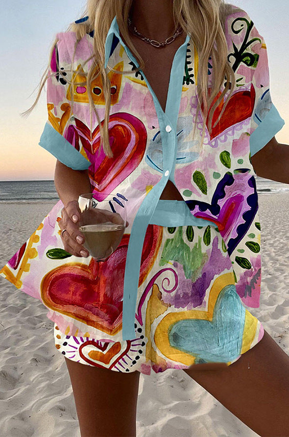 Women's Fashion Printed Casual Vacation Style Cardigan Shorts Suit
