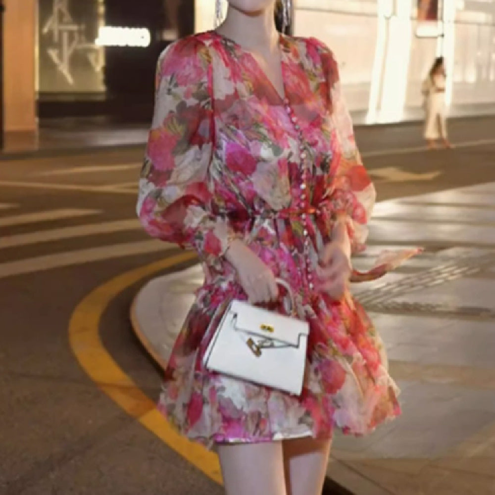 Summer New High End Elegant And Exquisite Elegance Royal Sister Fragmented Flower V-neck Dress