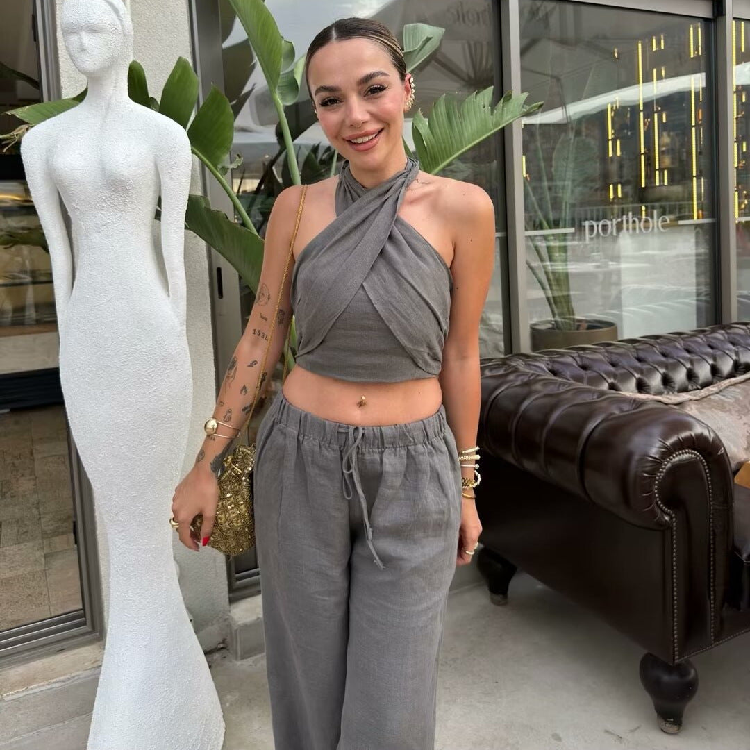 Hanging Collar Linen Top Wide Leg Pants Suit