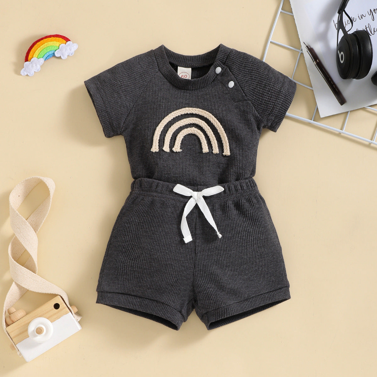 Rainbow Waffle Four-color Side Button Short Sleeve Baby Bodysuit Shorts Suit