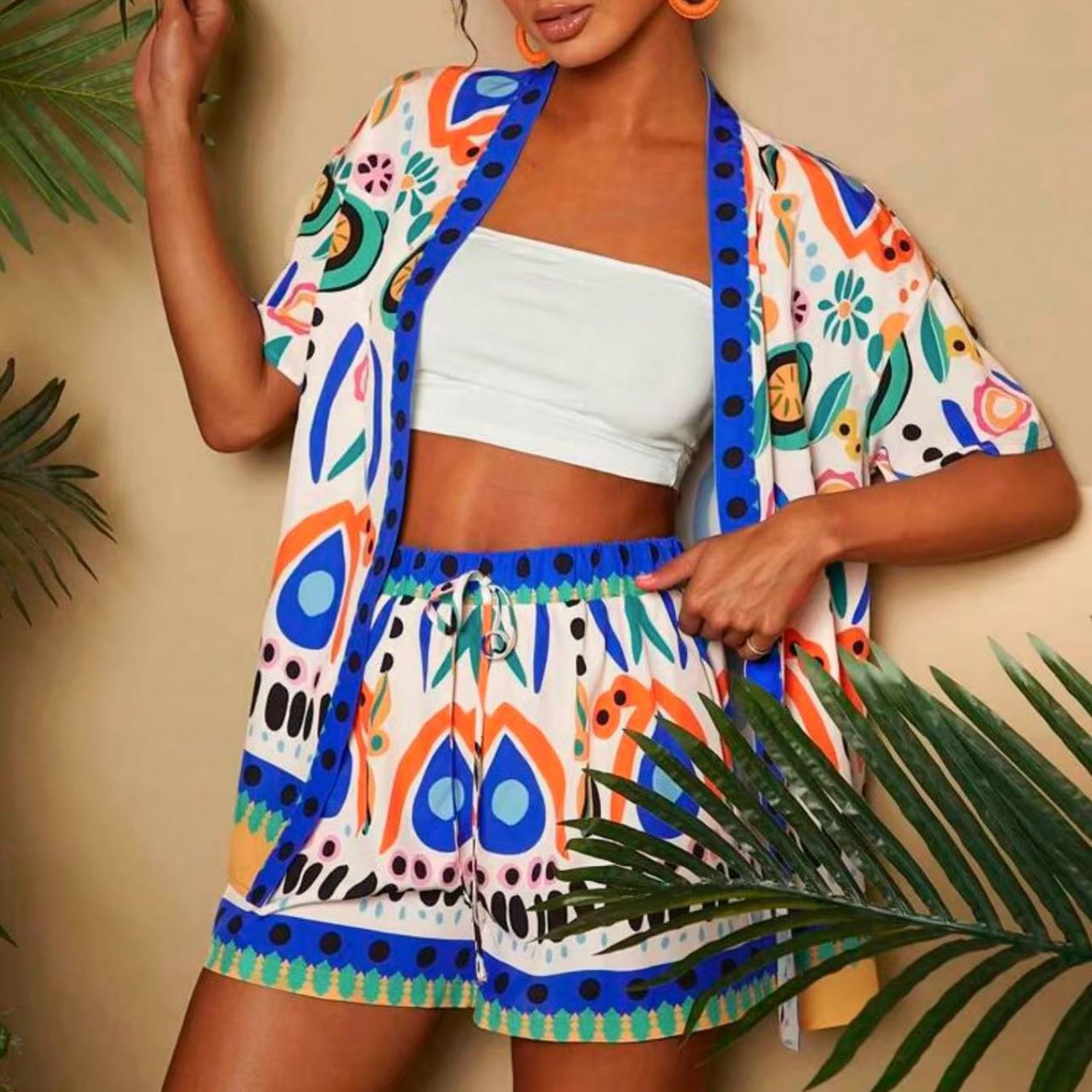 Fashion Casual Printing Cardigan Short Sleeve Shorts Suit