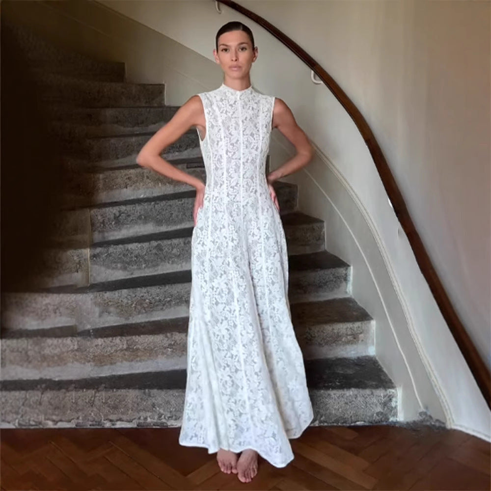 Half Turtleneck Sleeveless Lace High Waist Slim Fit Dress European And American