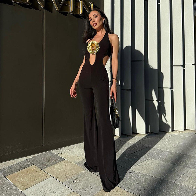 Lace-up Golden Three-dimensional Flower One-piece Trousers