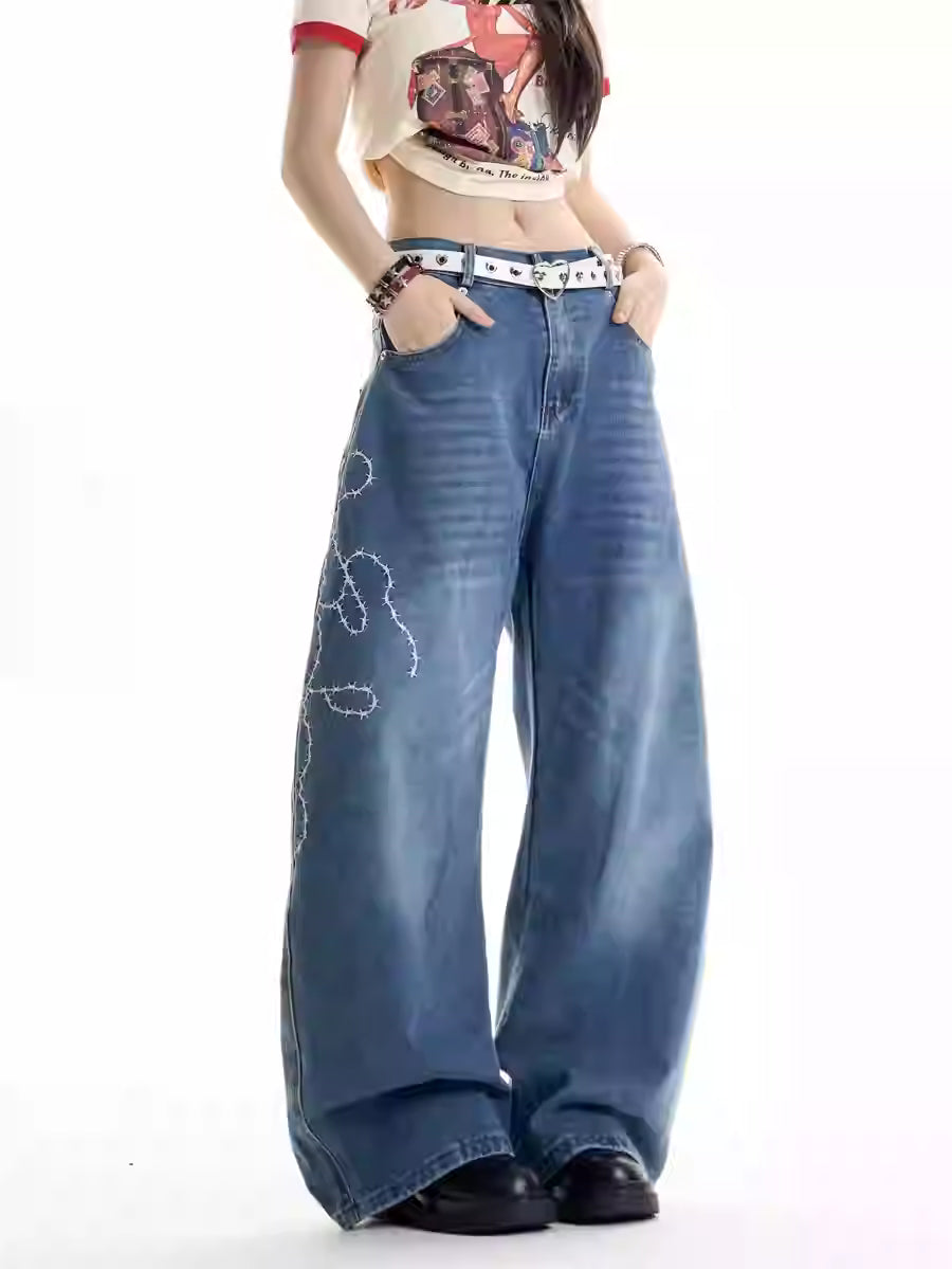 American Retro Hot Girl Embroidered Machete Jeans