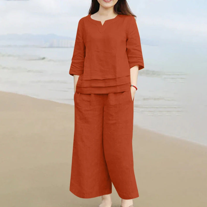 Casual Women Loose Solid Color Shirt Trousers Suit