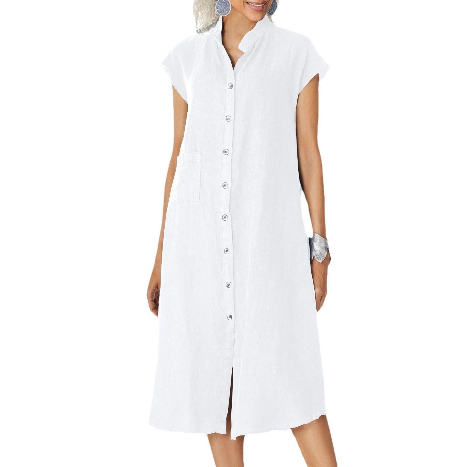 Cardigan Stand Collar Single-breasted Cotton And Linen Pocket Dress