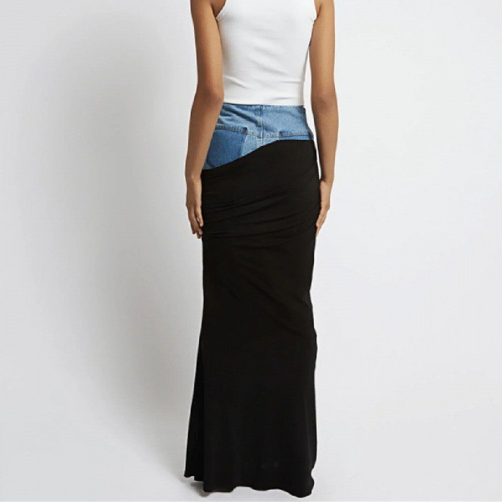 Fashion Black Panel Denim Skirt
