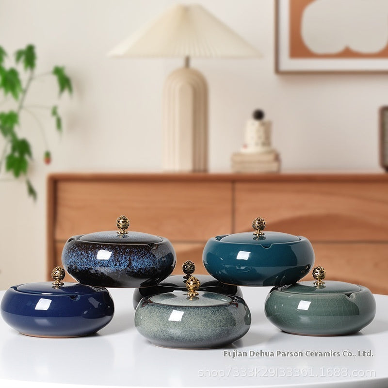 Ge Kiln Ceramics Ashtray Simple Windproof Anti-fly With Cover