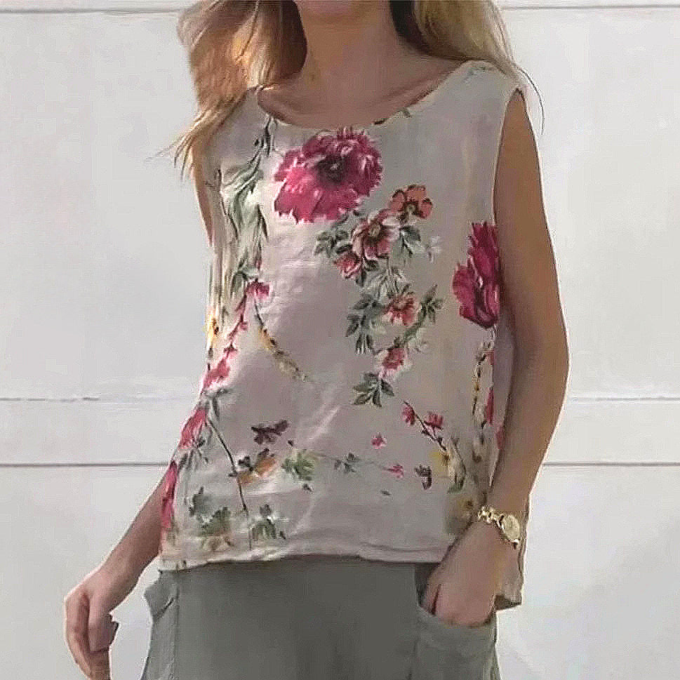 Round Neck Vest Casual Chinese Style Floral Cotton Linen