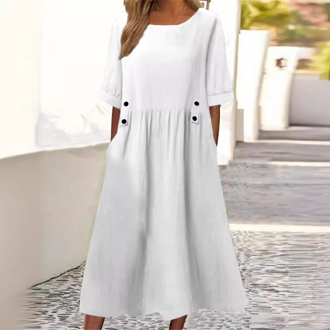 Plus Size Casual Round Neck Shirt With Half Sleeve Button Dress Women
