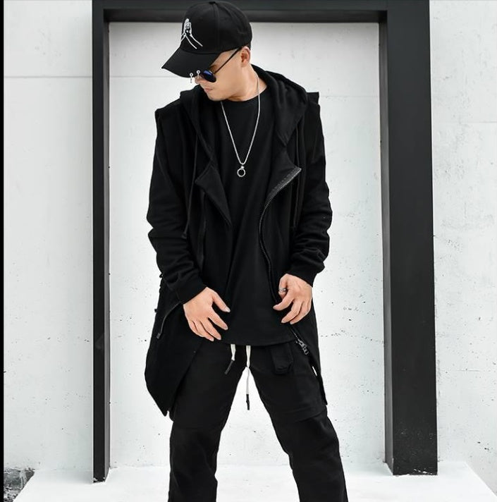 Dark Mid Length Windbreaker Men's Loose Hip Hop Cloak Sweater Hooded Coat