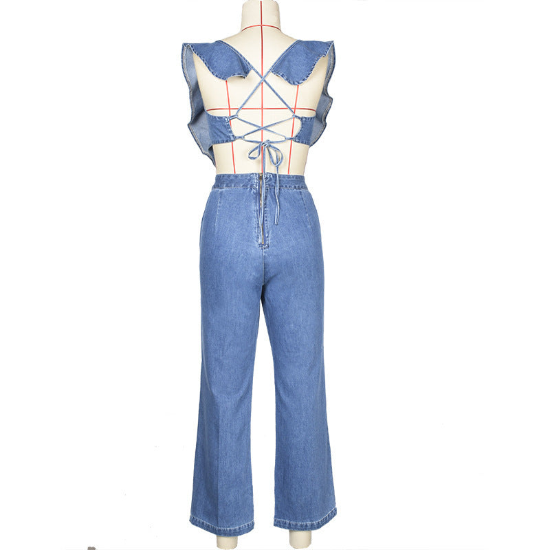 Women's lace-up ruffled denim one-piece suit